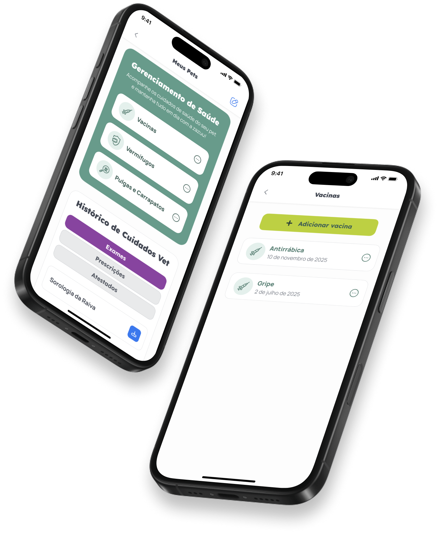 Telas do app da zazuu com o histórico de saúde do pet