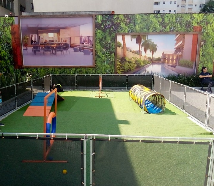 Pista de agility montada em área externa com obstáculos coloridos