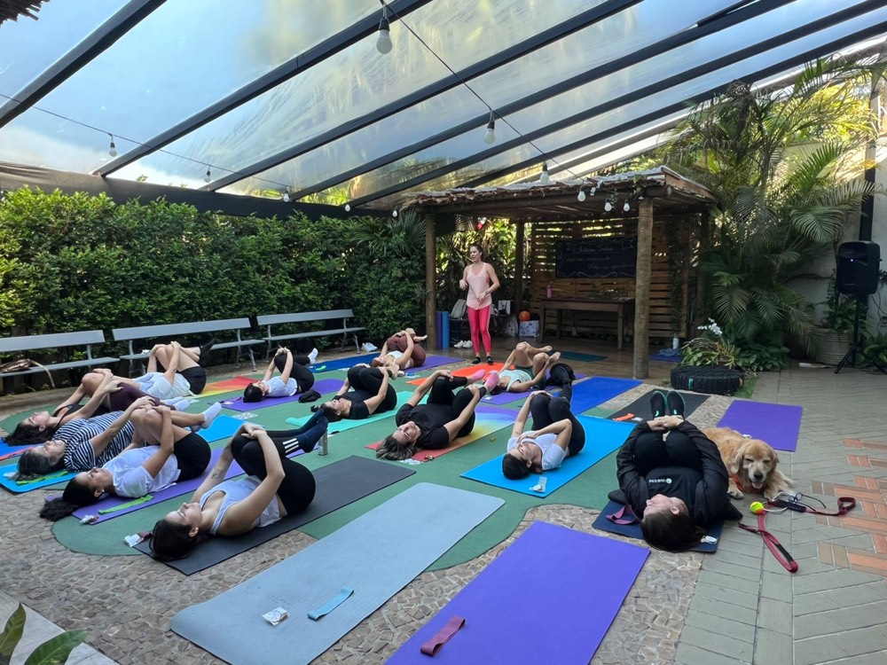 Aula de yoga em área externa com um cão deitado ao lado dos participantes