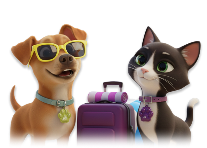 Cachorro e gato preparados para viagem com mala