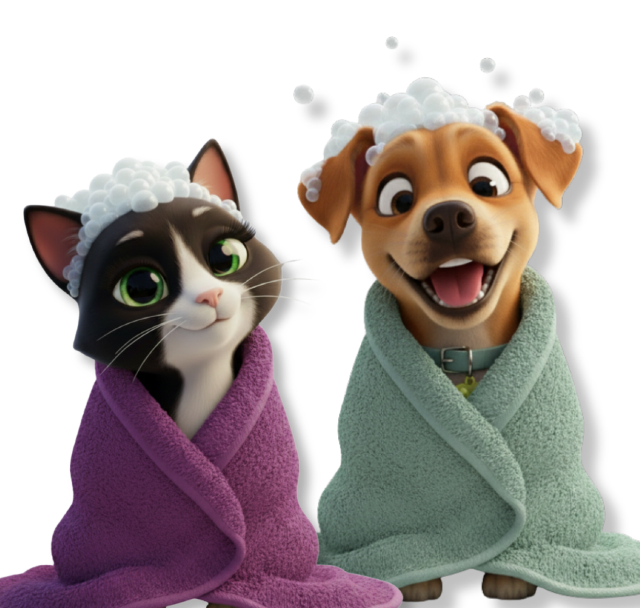 Gato e cachorro recebendo banho da zazuu em casa