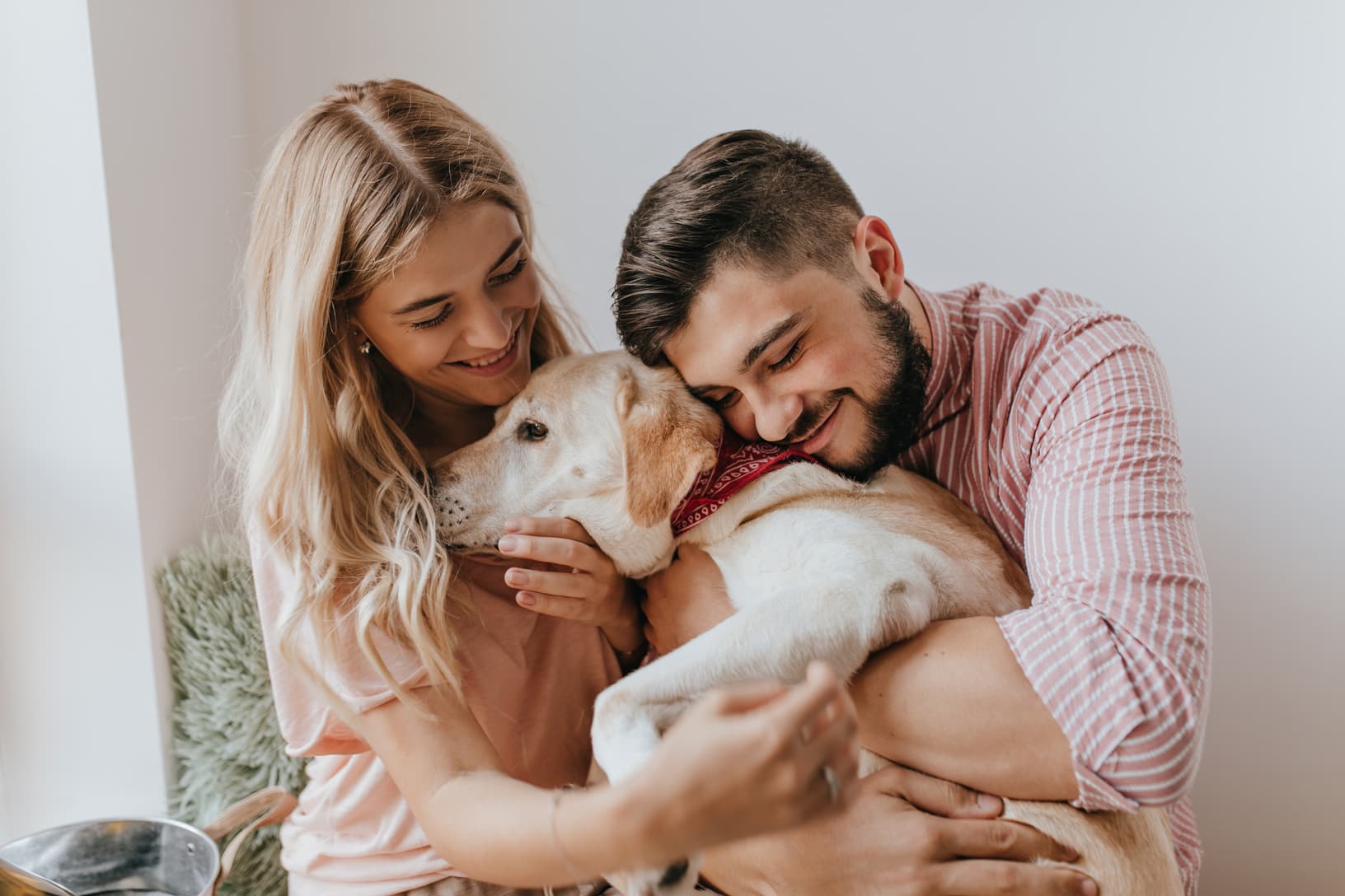 Casal abraçando seu cão em casa